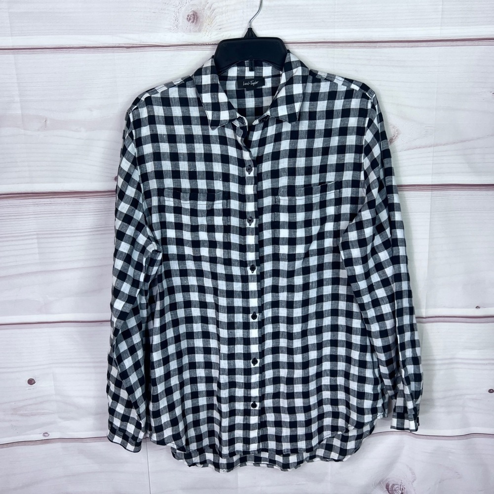 Lord & Taylor Top Womens L Black Gingham Print Shirt Linen Button Up Long Sleeve